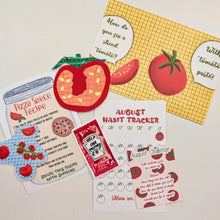 Load image into Gallery viewer, A flat lay of tomato-themed stationery and craft items on a white background, including a yellow grid recipe card, tomato-shaped cutouts, a pizza sauce recipe card, a habit tracker sheet, and a small red snack packet.
